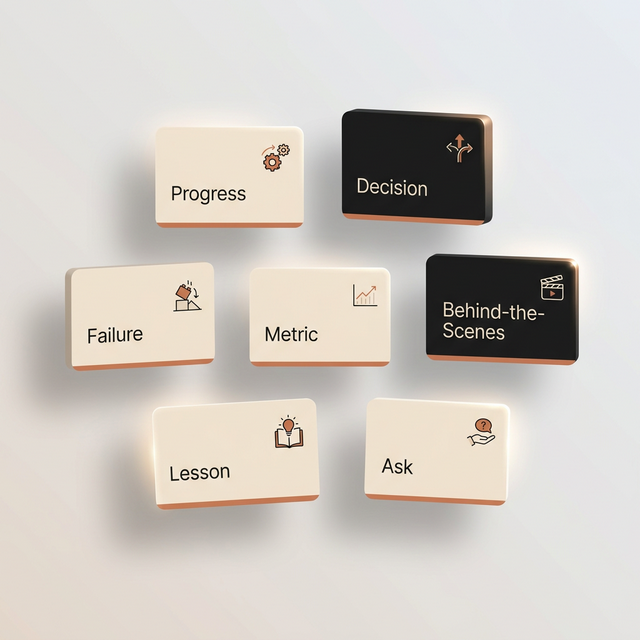 seven types of build in public posts: progress updates, decisions, failures, metrics, behind the scenes, lessons, and asks